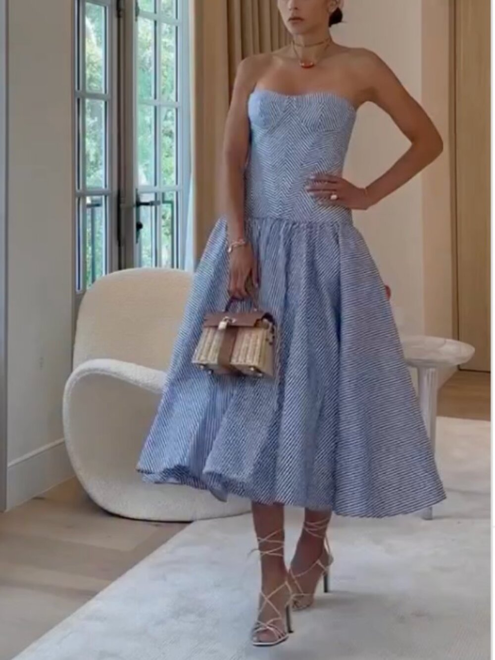 Alexis Blue and White Striped Strapless Midi Dress - Picture 2 of 10